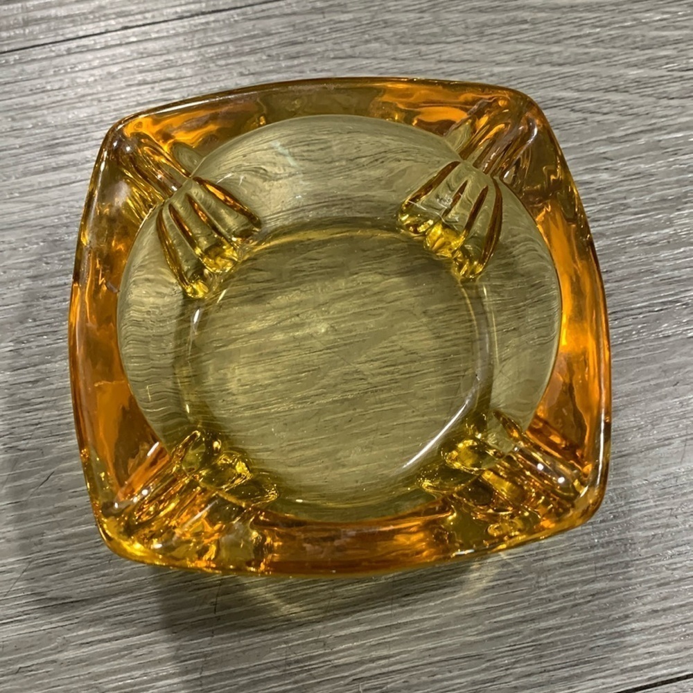 Retro Amber 3 3/8" Square Footed Glass Ashtray Unusual Vintage